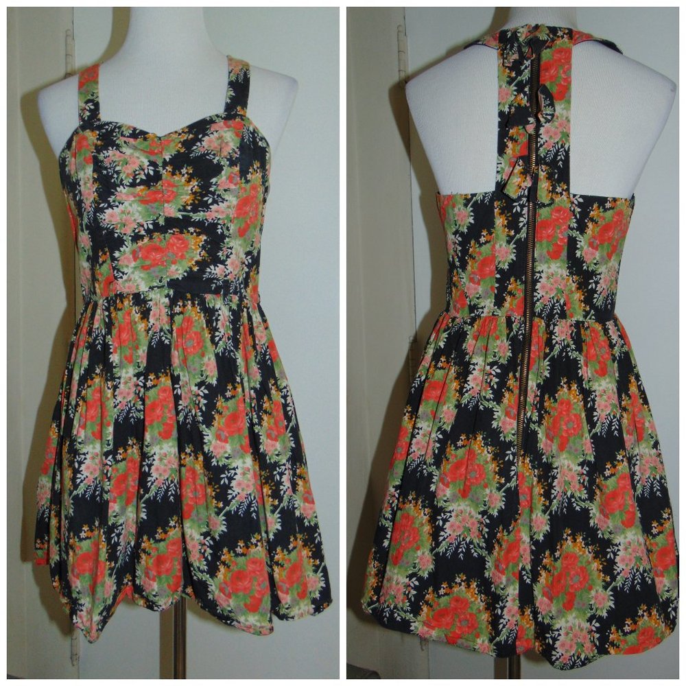 River Island Mini Dress Floral Multicolor Womens Sexy Back Orange Black US 8